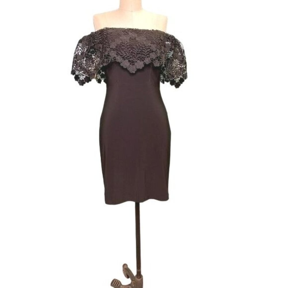 Faviana Lace Off-the-Shoulder Jersey Mini Dress Black Size 4 NWT